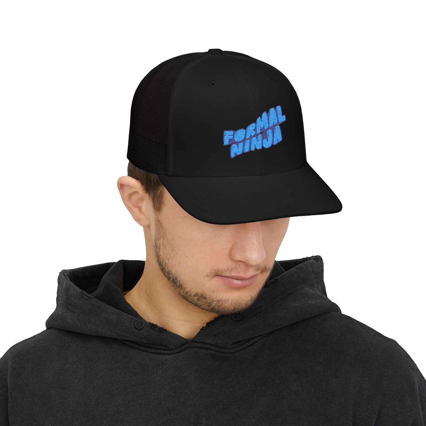 Formal Ninja Snapback Trucker Cap — Retro Glitter Logo Mesh Hat